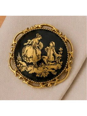 Florenza Brooch, Gold & Black Fragonard Courting Scene Vintage